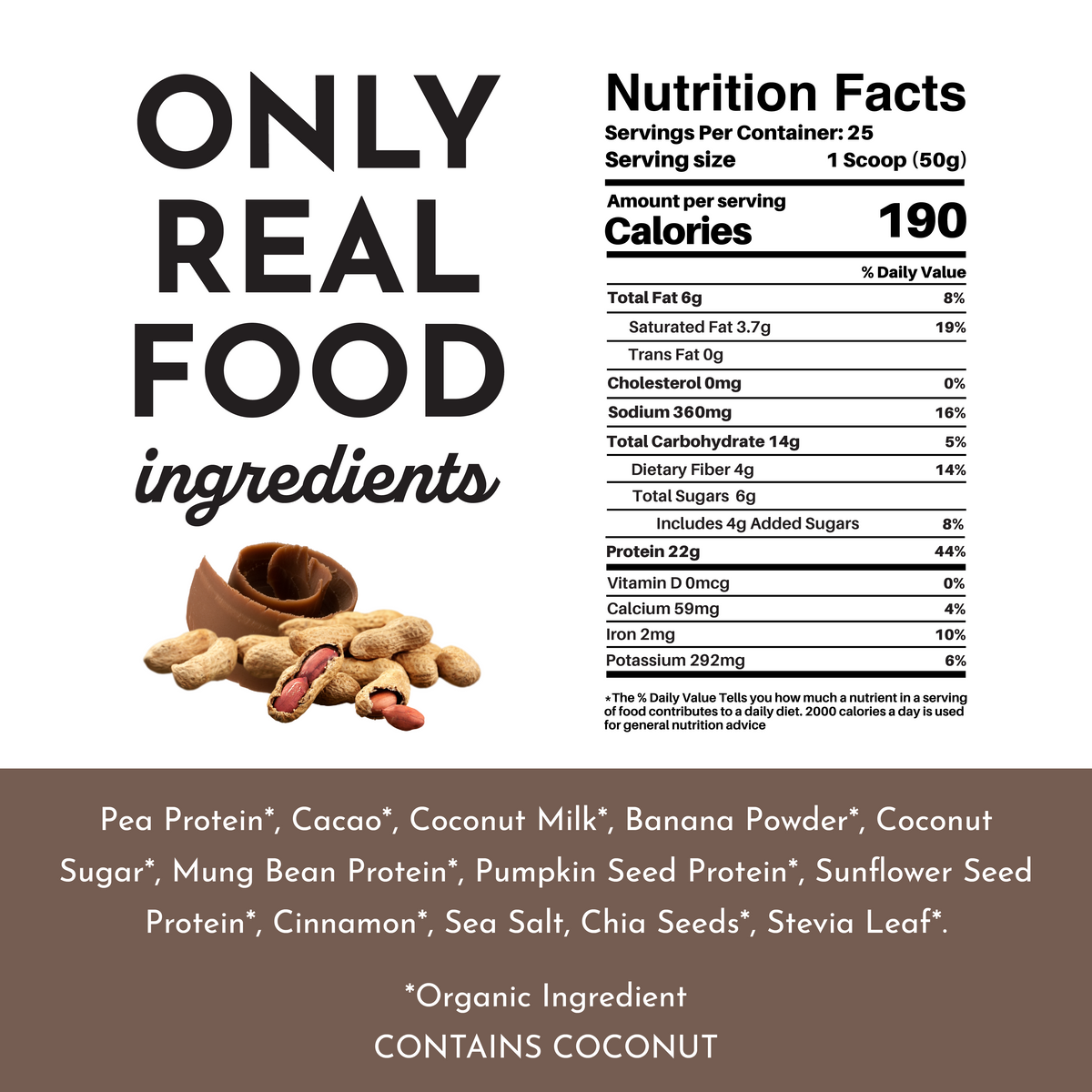 Nutritional label detailing ingredients and values for vegan roasted chocolate protein powder.