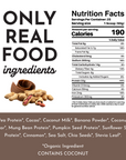 Nutritional label detailing ingredients and values for vegan roasted chocolate protein powder.
