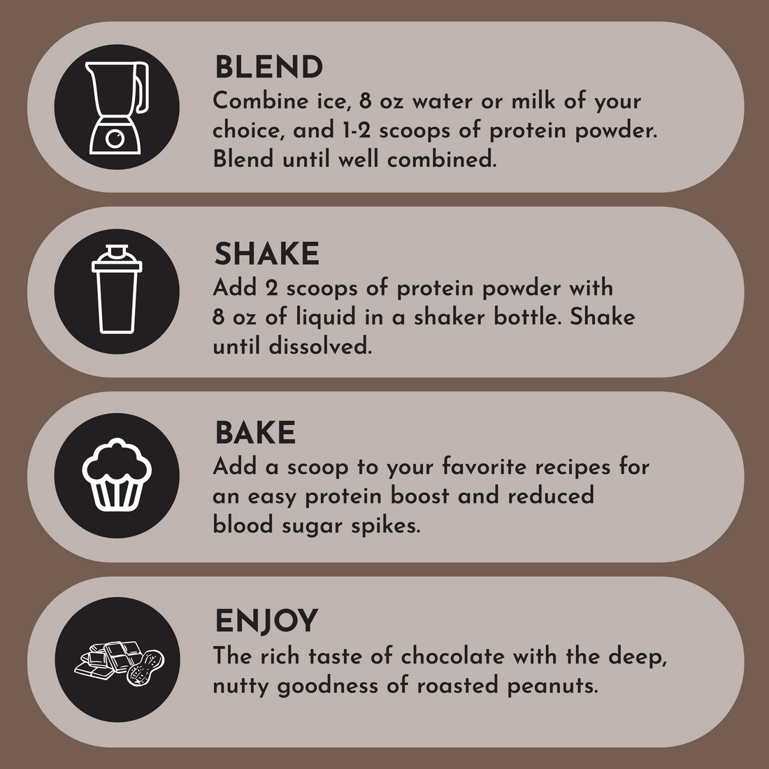 Instructions for using vegan roasted chocolate protein powder: blend, shake, bake, and enjoy.