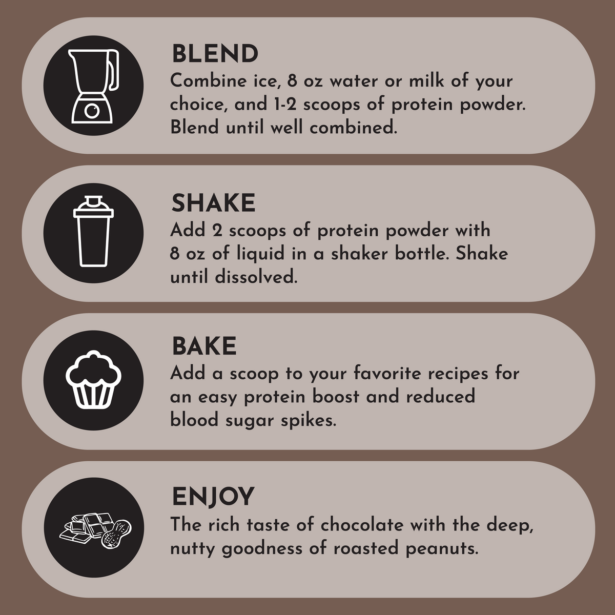 Instructions for using vegan roasted chocolate protein powder: blend, shake, bake, and enjoy.
