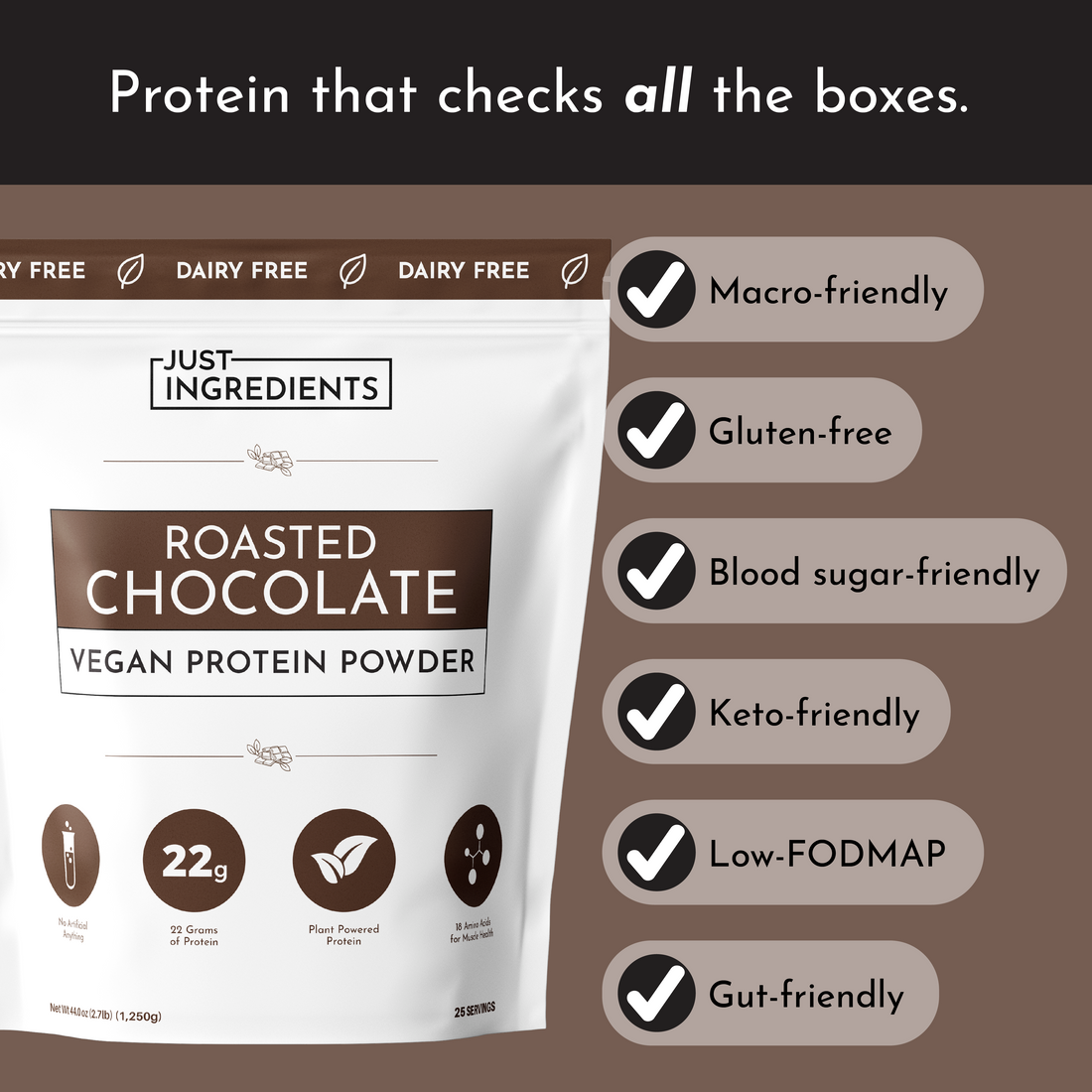 White pouch of vegan roasted chocolate protein powder with 22g of protein per serving and various dietary labels.