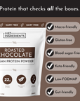 White pouch of vegan roasted chocolate protein powder with 22g of protein per serving and various dietary labels.