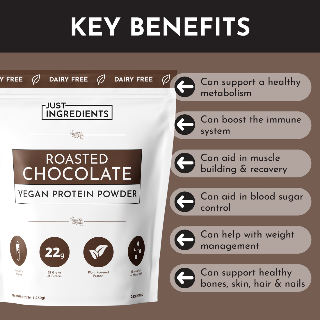 Vegan roasted chocolate protein powder bag with key benefits listed, including protein content and health support.