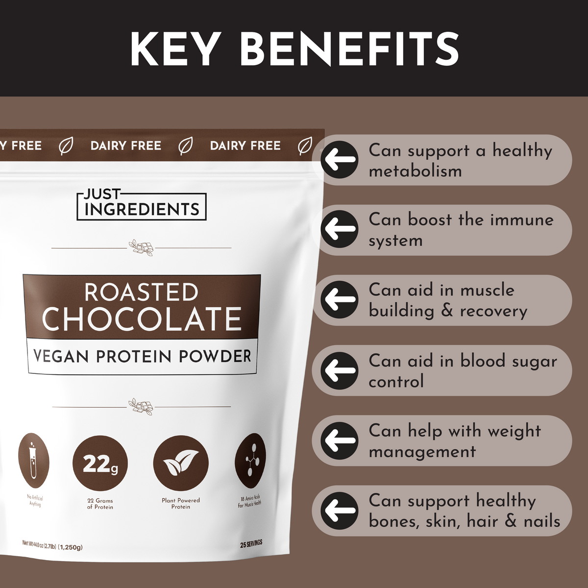 Vegan roasted chocolate protein powder bag with key benefits listed, including protein content and health support.
