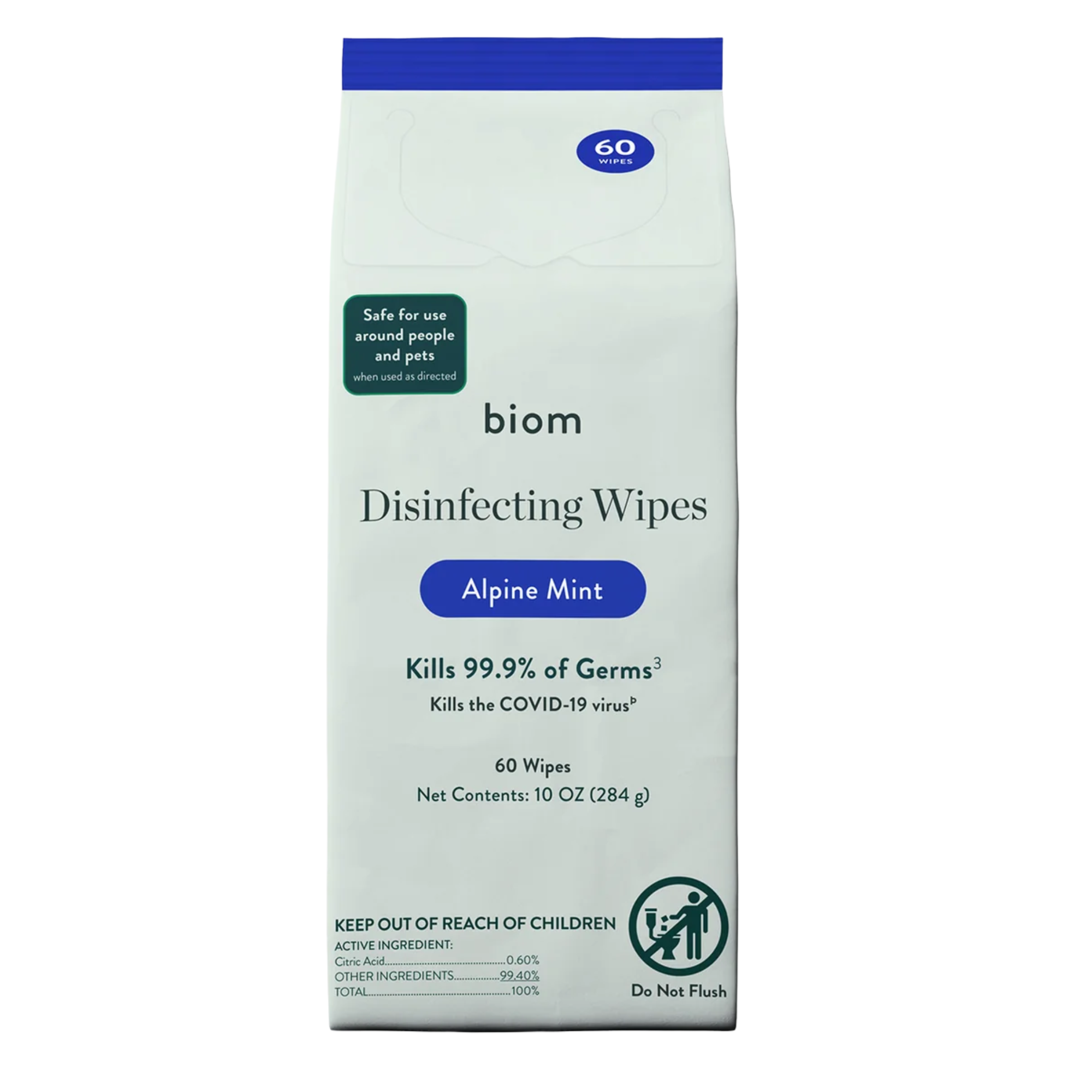 Disinfecting wipes package labeled "biom" with Alpine Mint scent, containing 60 wipes and 10 oz total.
