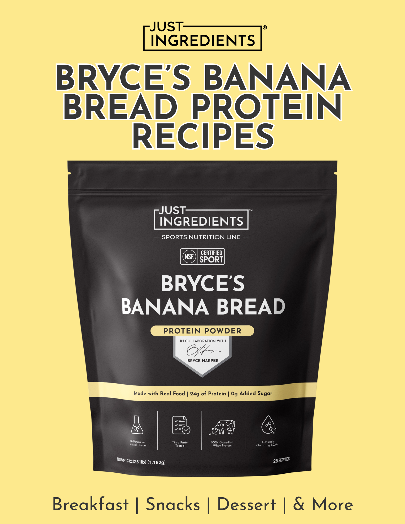 Black packaging of Bryce's Banana Bread Protein Powder with yellow background, featuring product details and serving informat