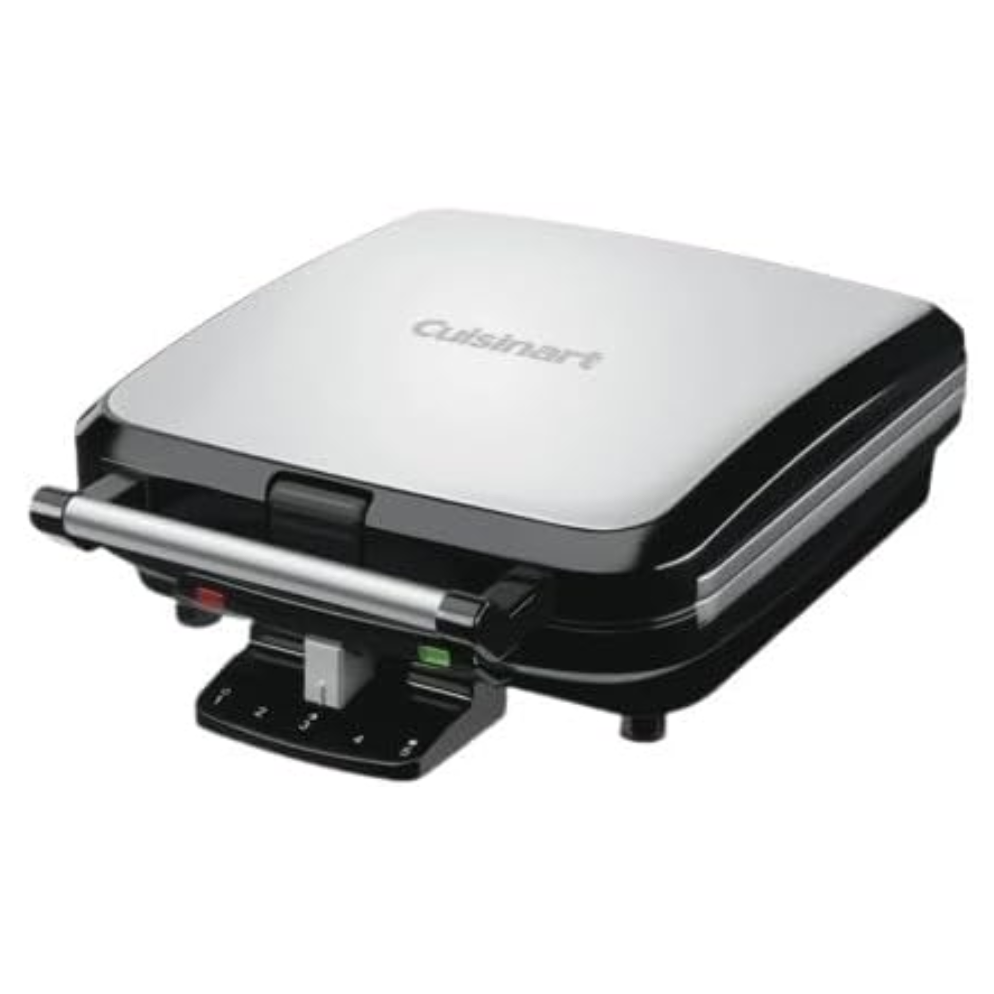 Black and silver Cuisinart waffle maker with a handle and adjustable temperature settings on the front.
