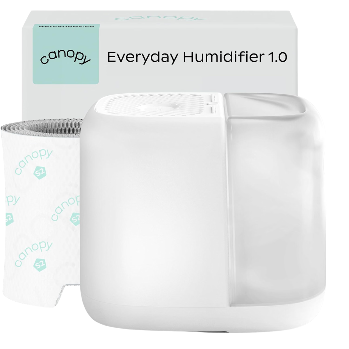white humidifier with a white box and a mint green canopy box on the box with a white filter