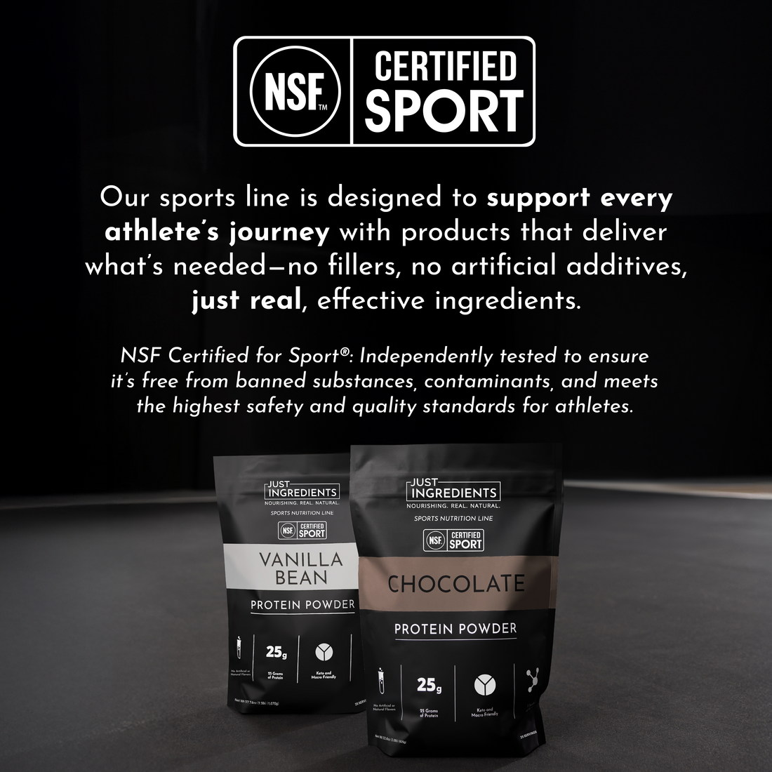 Two protein powder bags (chocolate and vanilla) displayed side‑by‑side, both labeled NSF Certified for Sport.