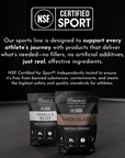 Two protein powder bags, one chocolate and one vanilla bean, both labeled NSF Certified for Sport.