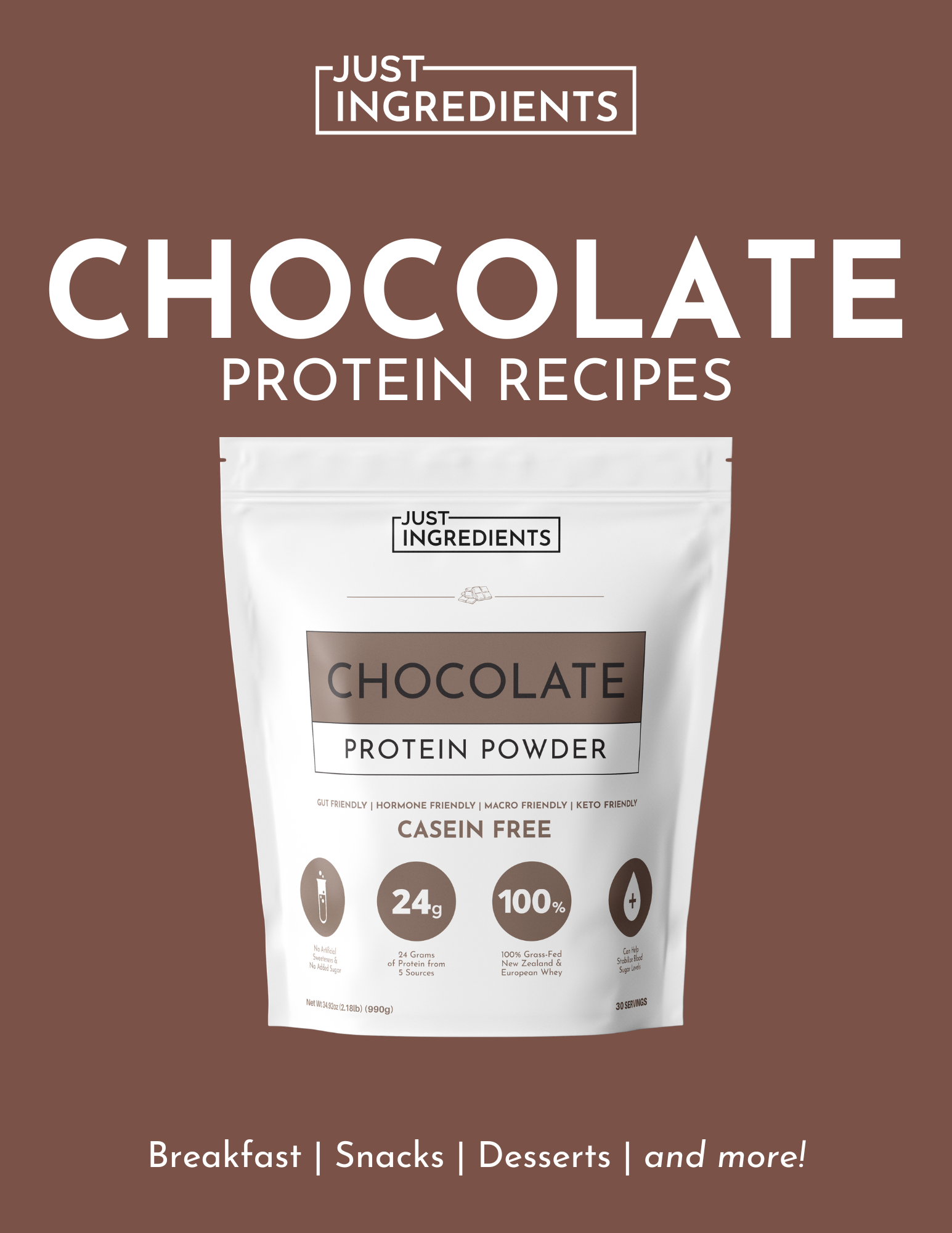 Chocolate protein powder packaging with nutritional information and recipe suggestions.