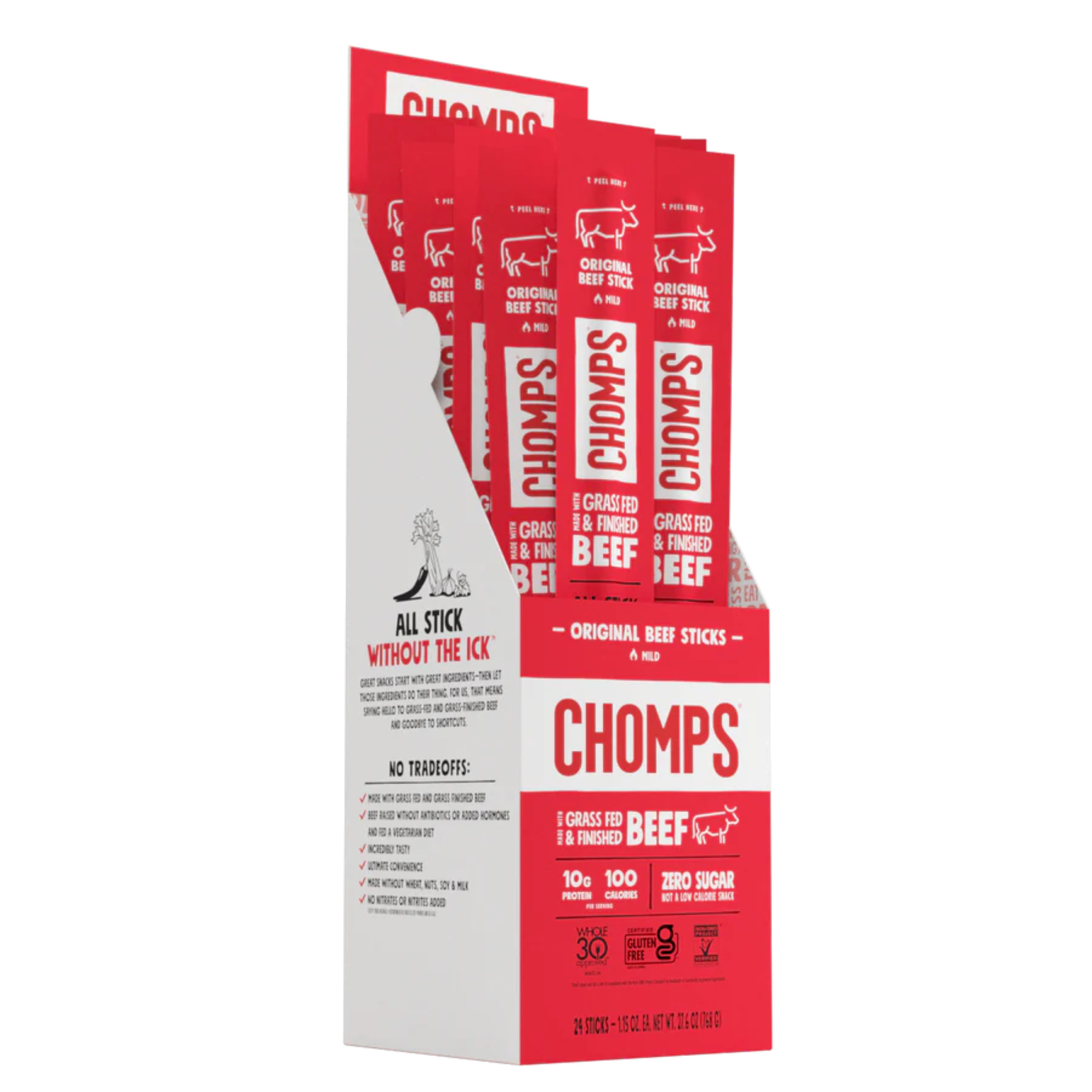 Box of CHOMPS beef sticks with multiple individually packaged sticks, featuring red and white branding.