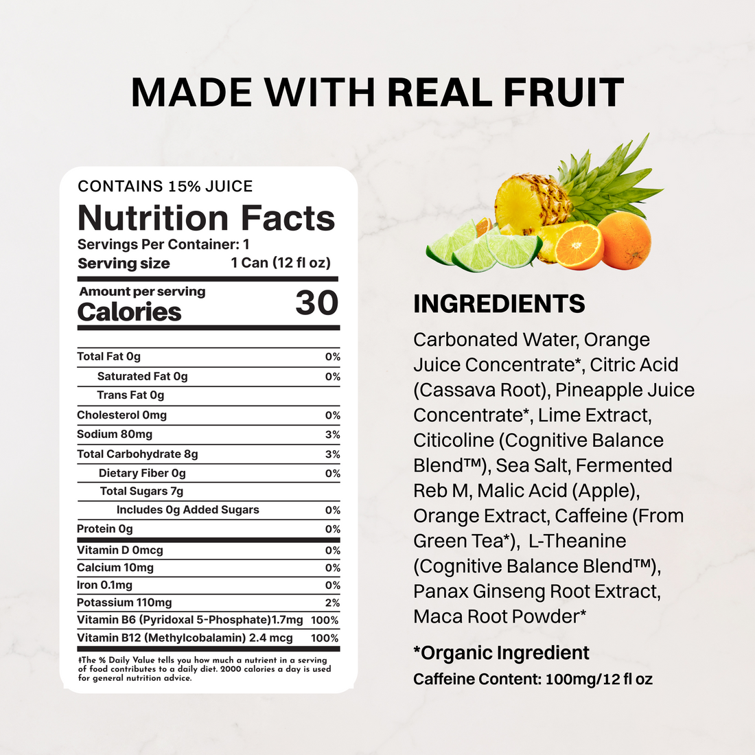 Coastal Blast Energy drink can label showing nutrition facts, ingredients, and tropical fruits including pineapple, orange, a