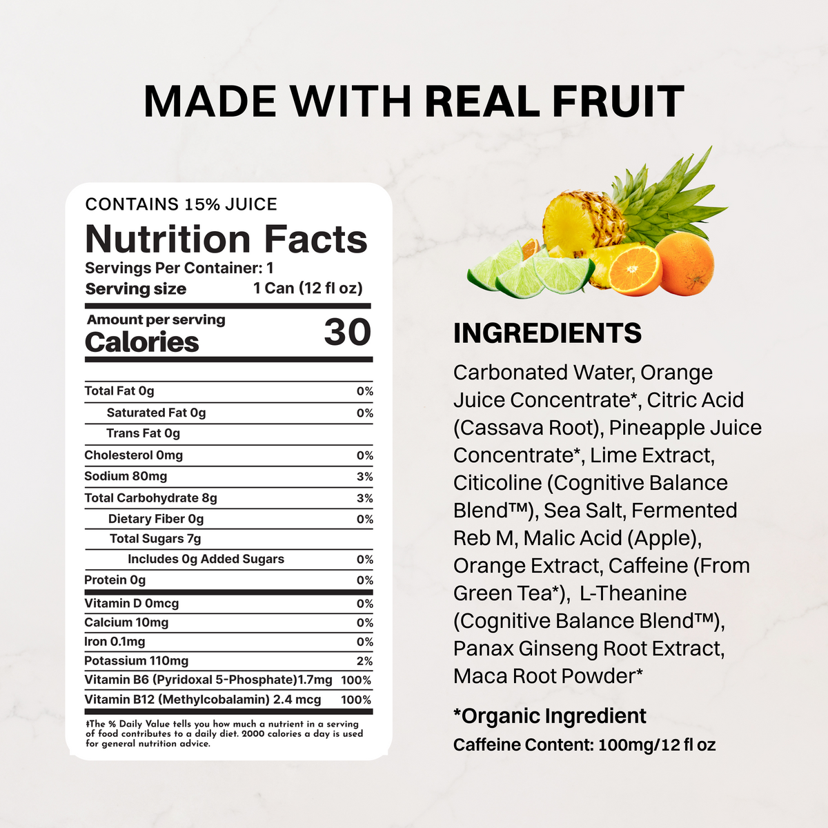 Coastal Blast Energy drink can label showing nutrition facts, ingredients, and tropical fruits including pineapple, orange, a