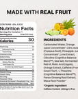 Coastal Blast Energy drink can label showing nutrition facts, ingredients, and tropical fruits including pineapple, orange, a