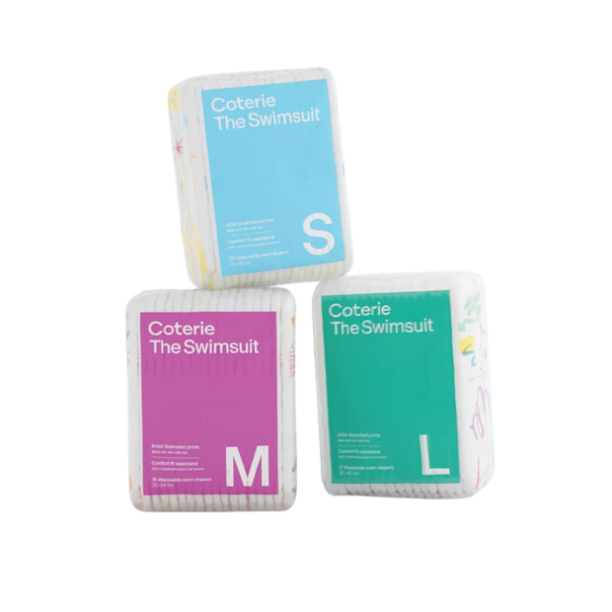 Three boxes of 'Coterie The Swimsuit' in different sizes on a white background