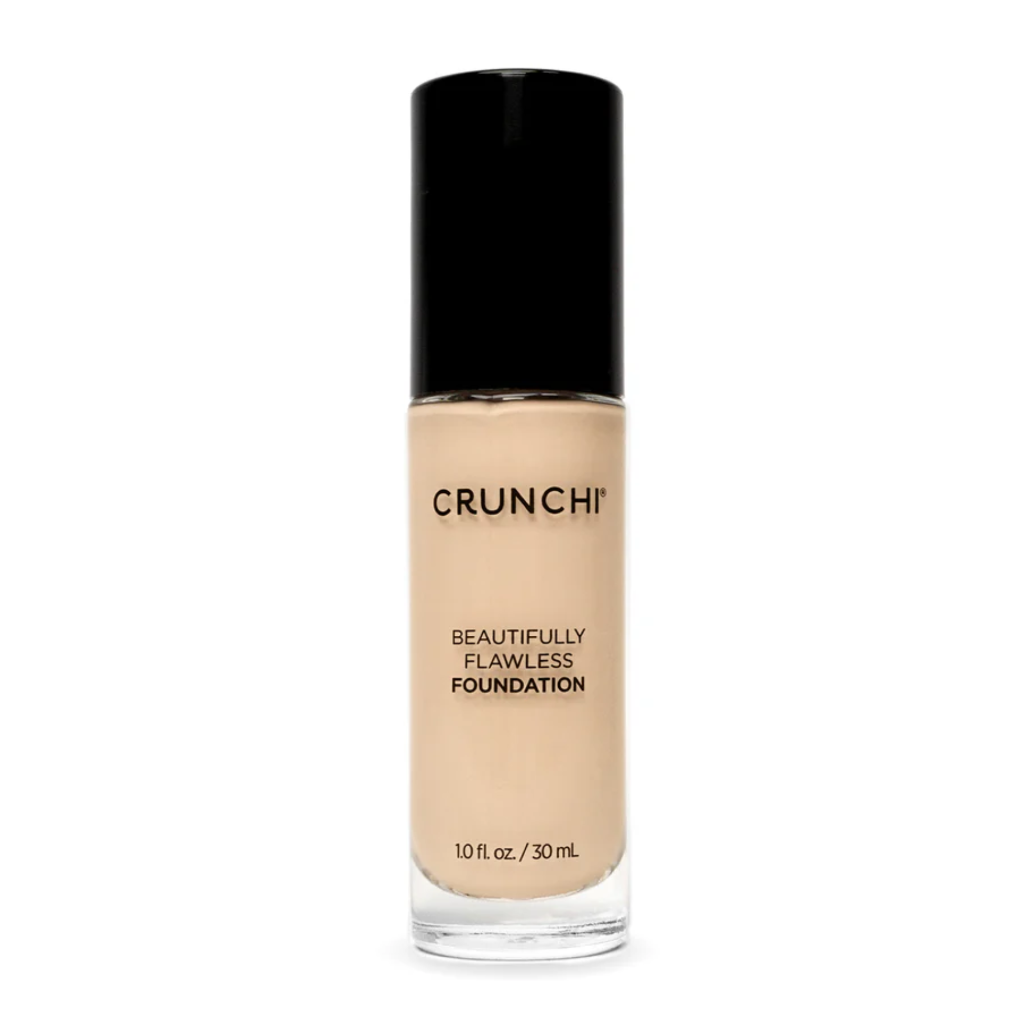 Foundation bottle with black cap and beige body on a white background