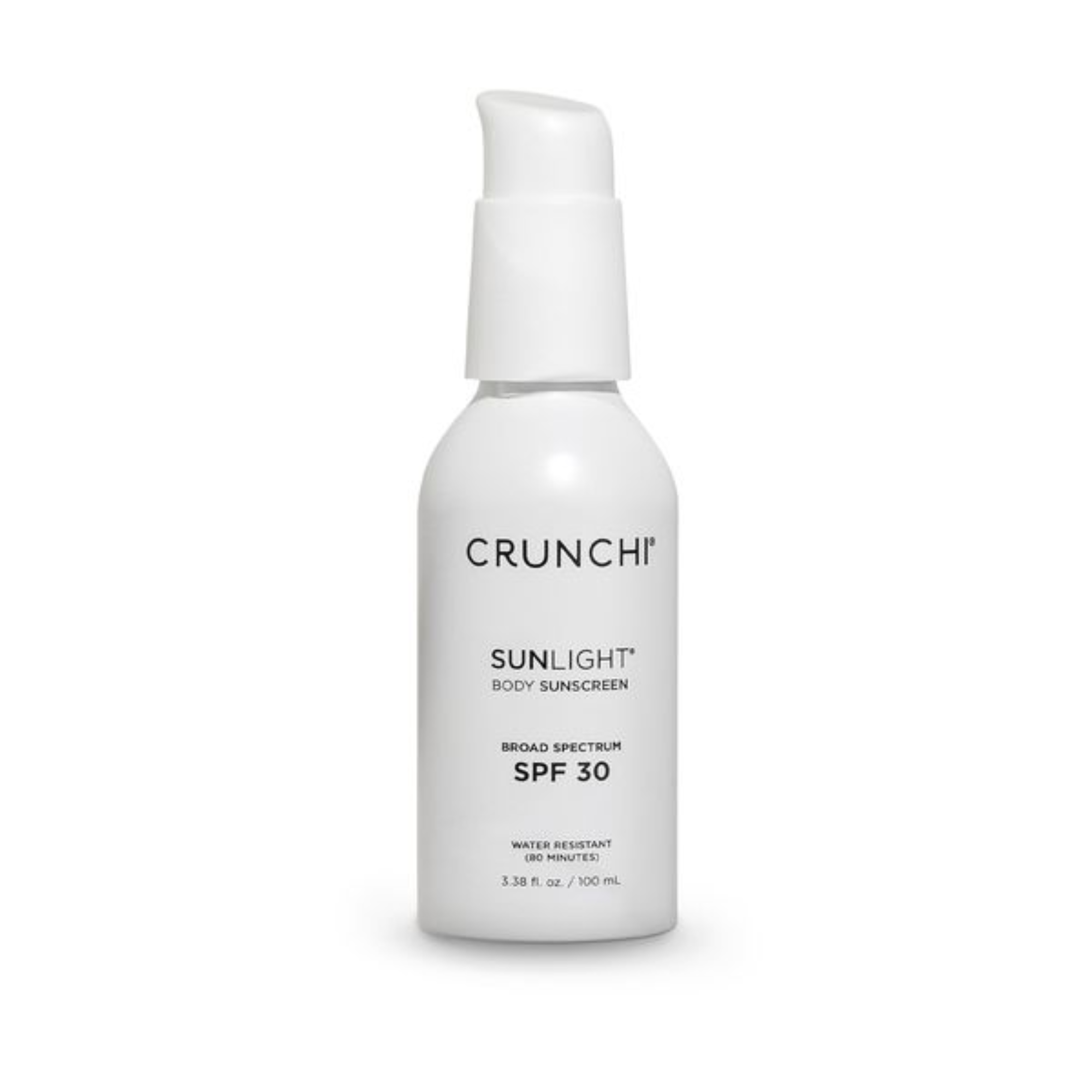 White bottle of Crunchi Sunlight Sunscreen