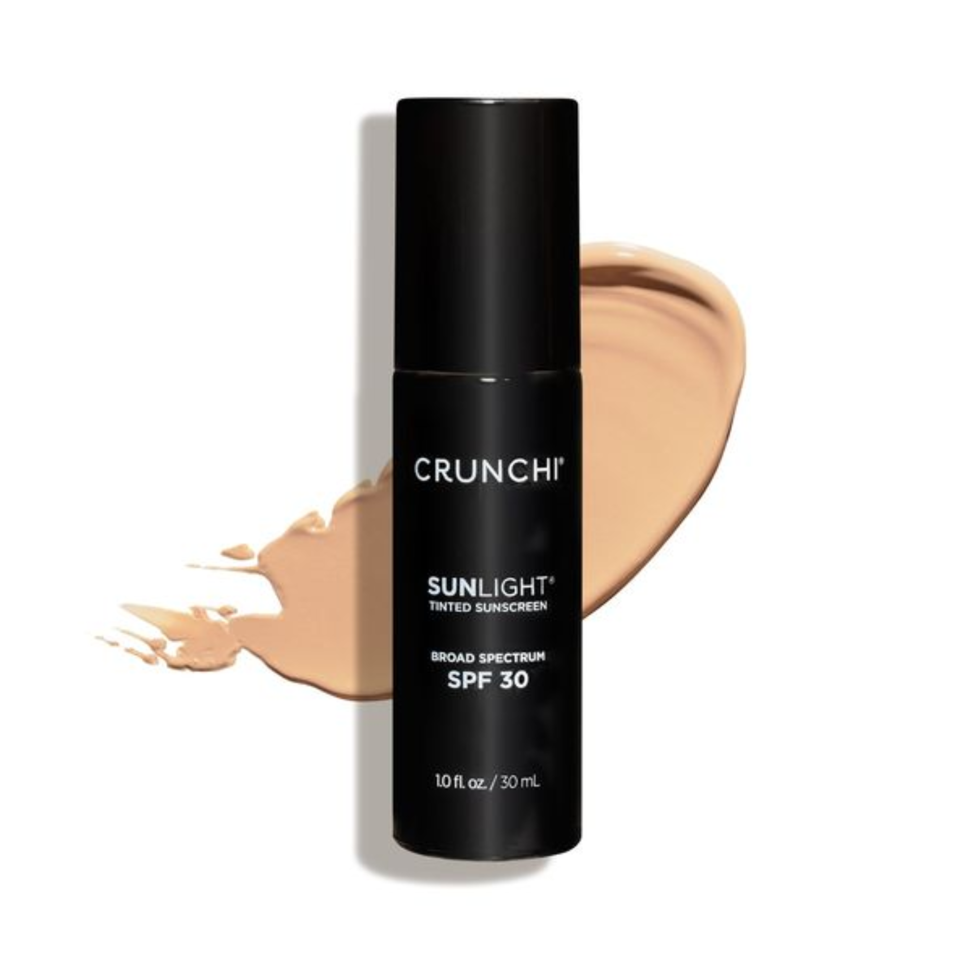 Black bottle of Crunchi Sunlight Tinted Sunscreen with a swatch of beige color on a white background
