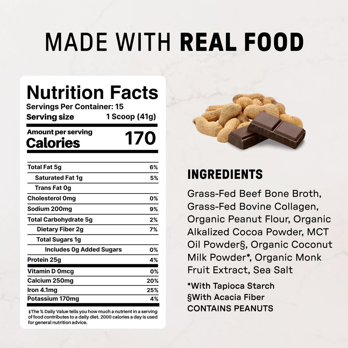 Dark Chocolate Peanut Butter Bone Broth Protein Powder - Nutrition Panel