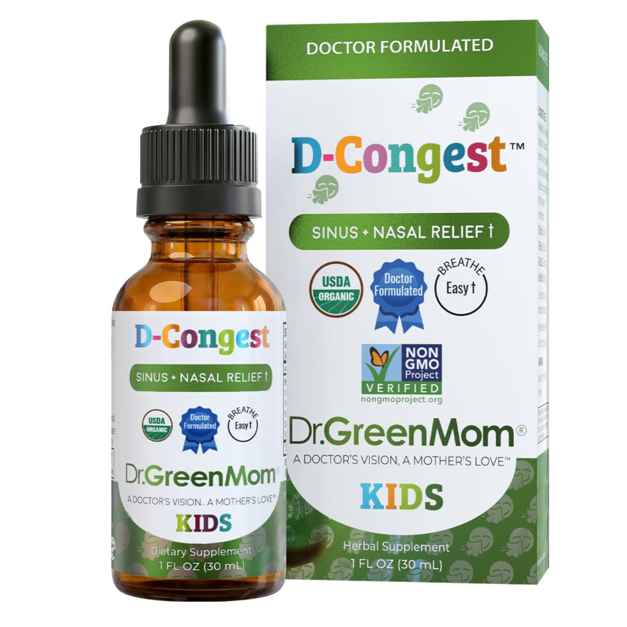 Dr. Green Mom D-Congest sinus and nasal relief supplement bottle and packaging on a white background