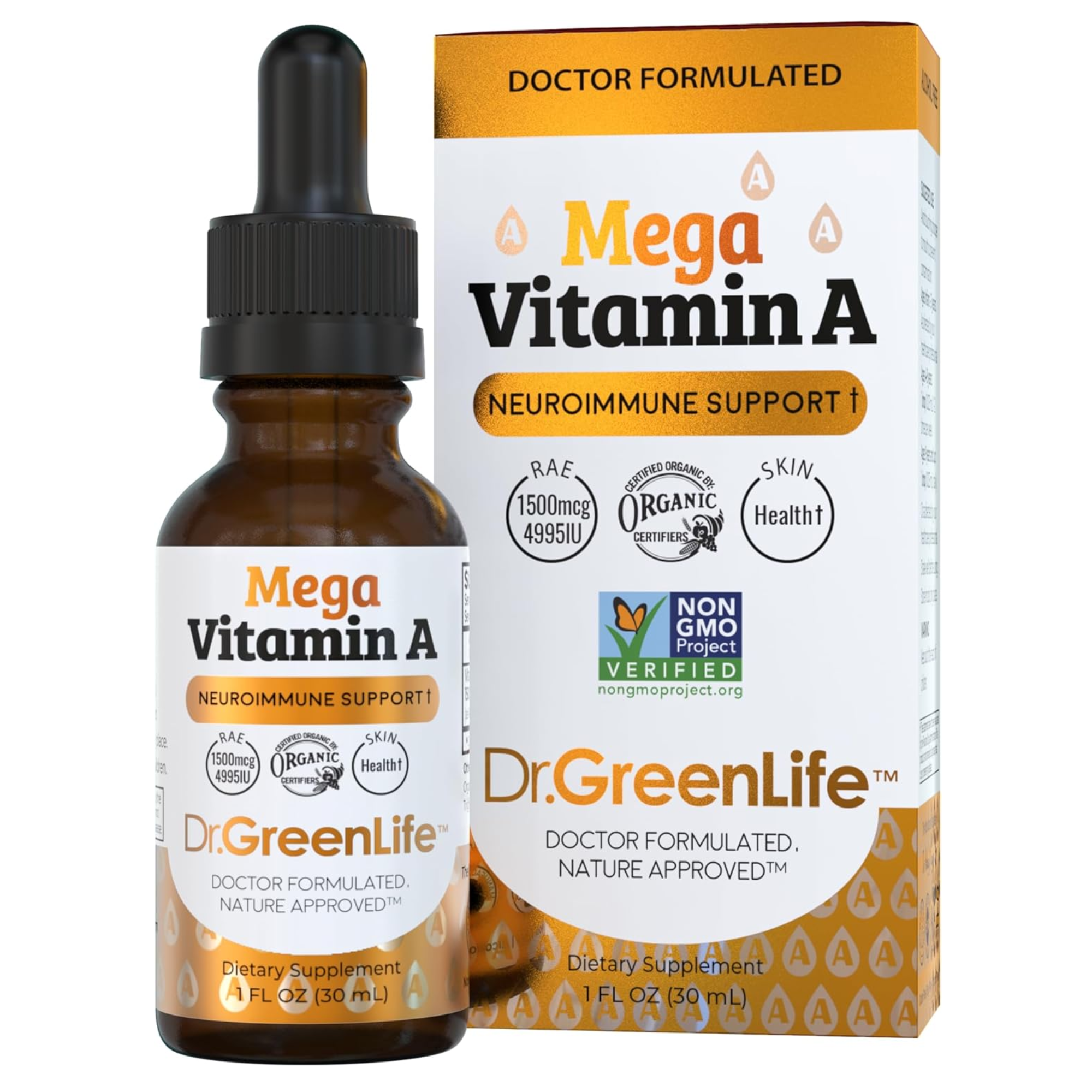 Dr. GreenLife Mega Vitamin A bottle and packaging on a white background