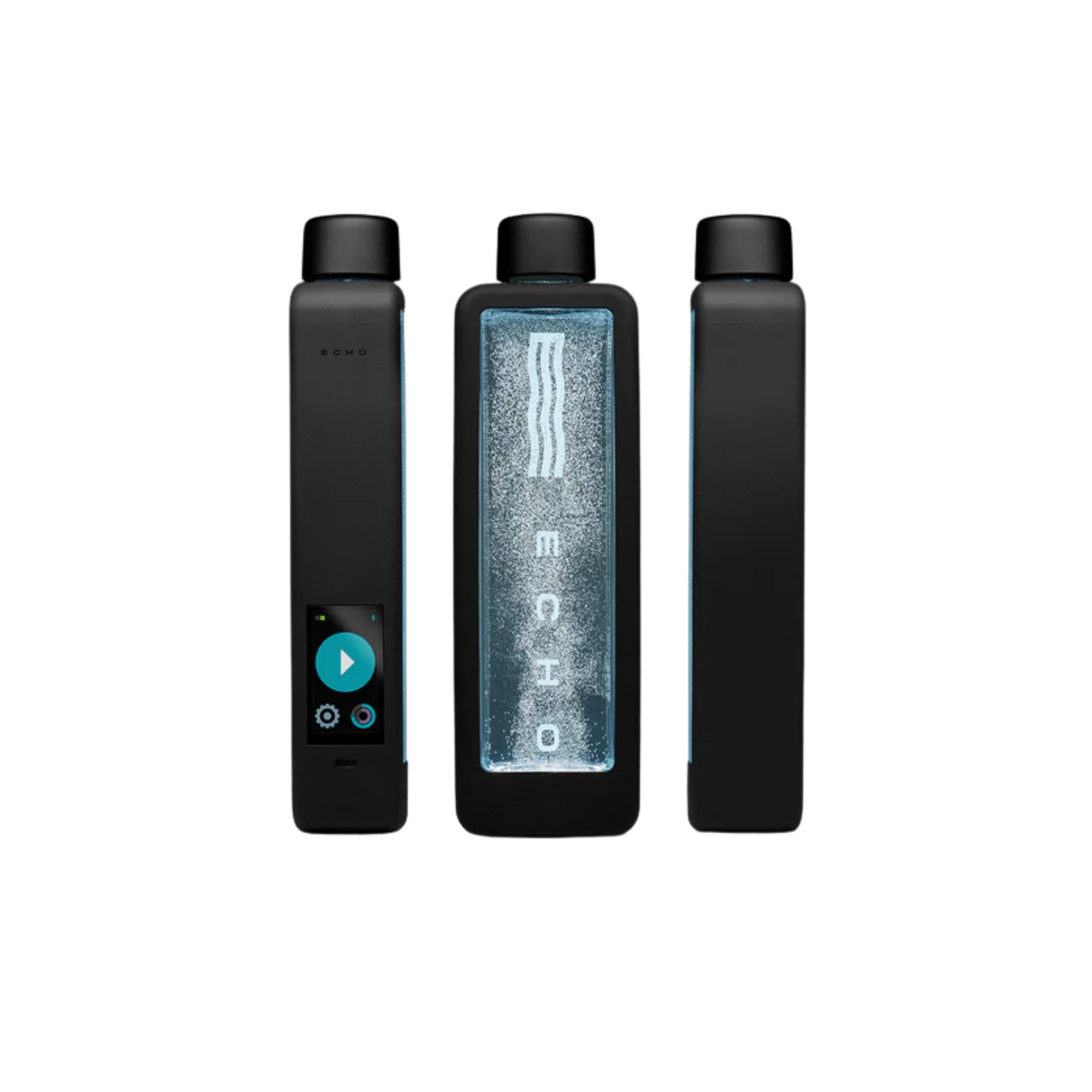 Black hydrogen water bottle with a transparent center, featuring a control panel on one side.