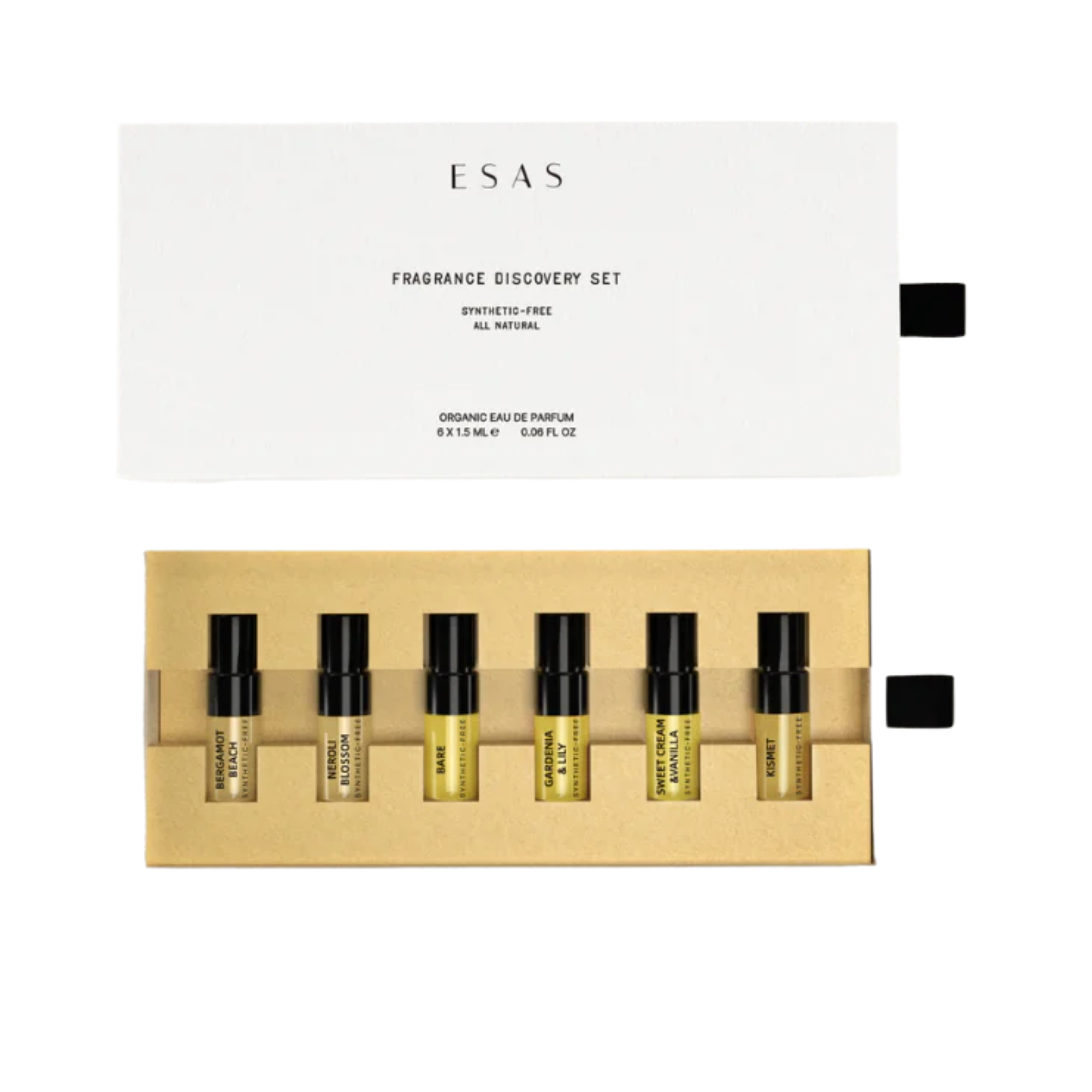 Fragrance discovery set containing six 1.5 ml vials of organic eau de parfum in a box.