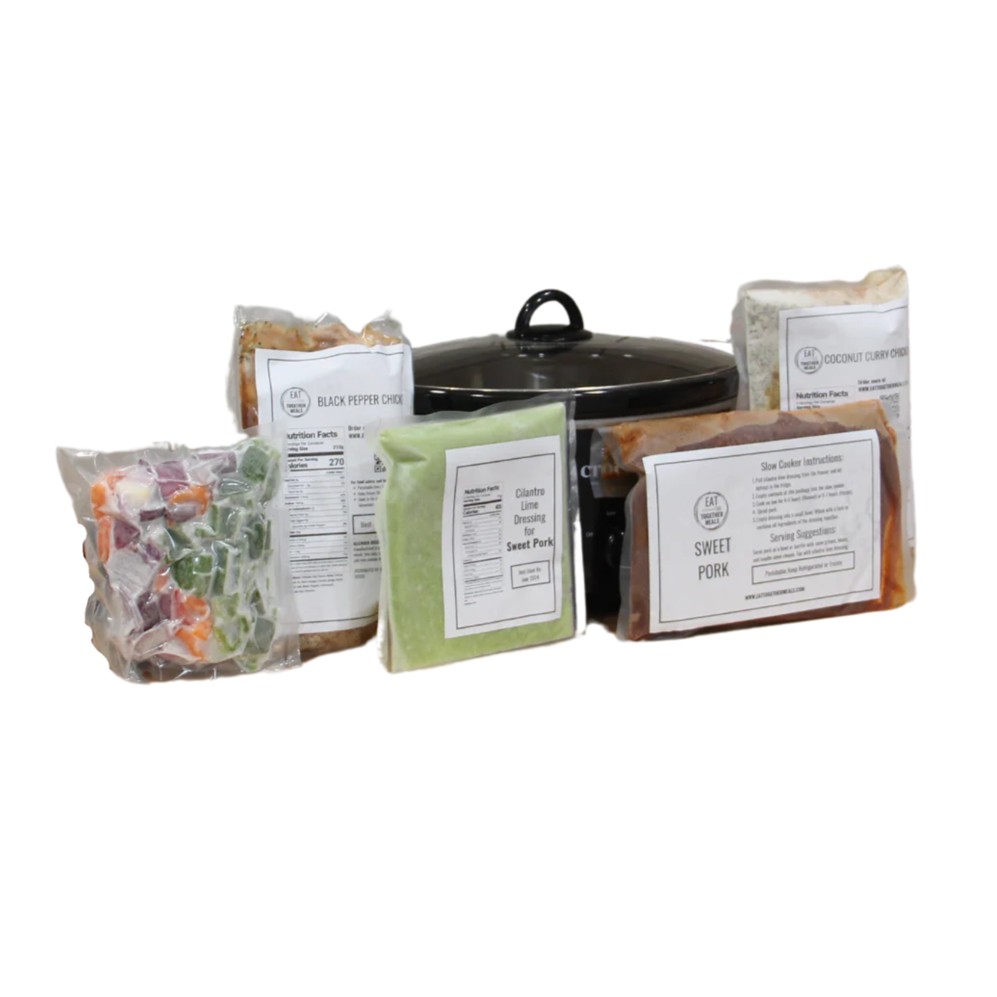 A slow cooker with five meal kits, including Black Pepper Chicken, Sweet Pork, and Coconut Curry Chicken.