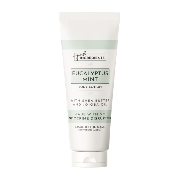 8 oz tube of Eucalyptus Mint Body Lotion on white background, label noting shea butter and jojoba oil.