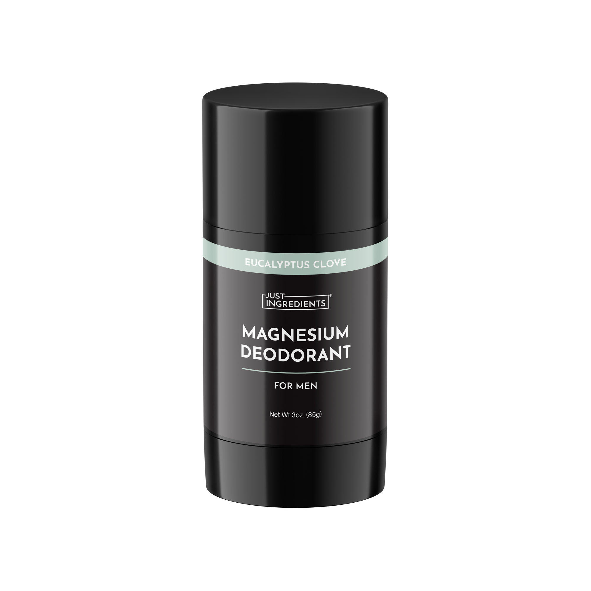 Eucalyptus Clove magnesium stick deodorant, black tube with white top, labeled for men, 3 oz (85 g).