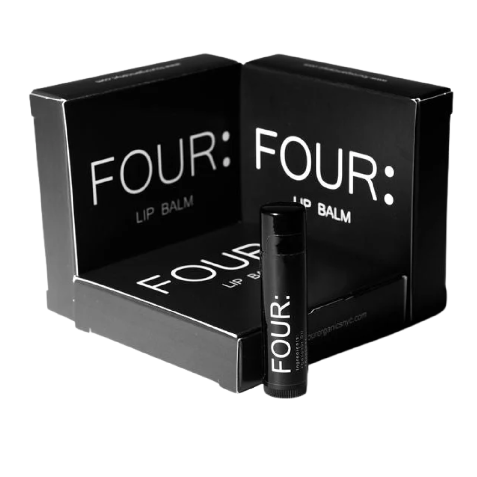 Black lip balm with 'FOUR:' branding on a white background