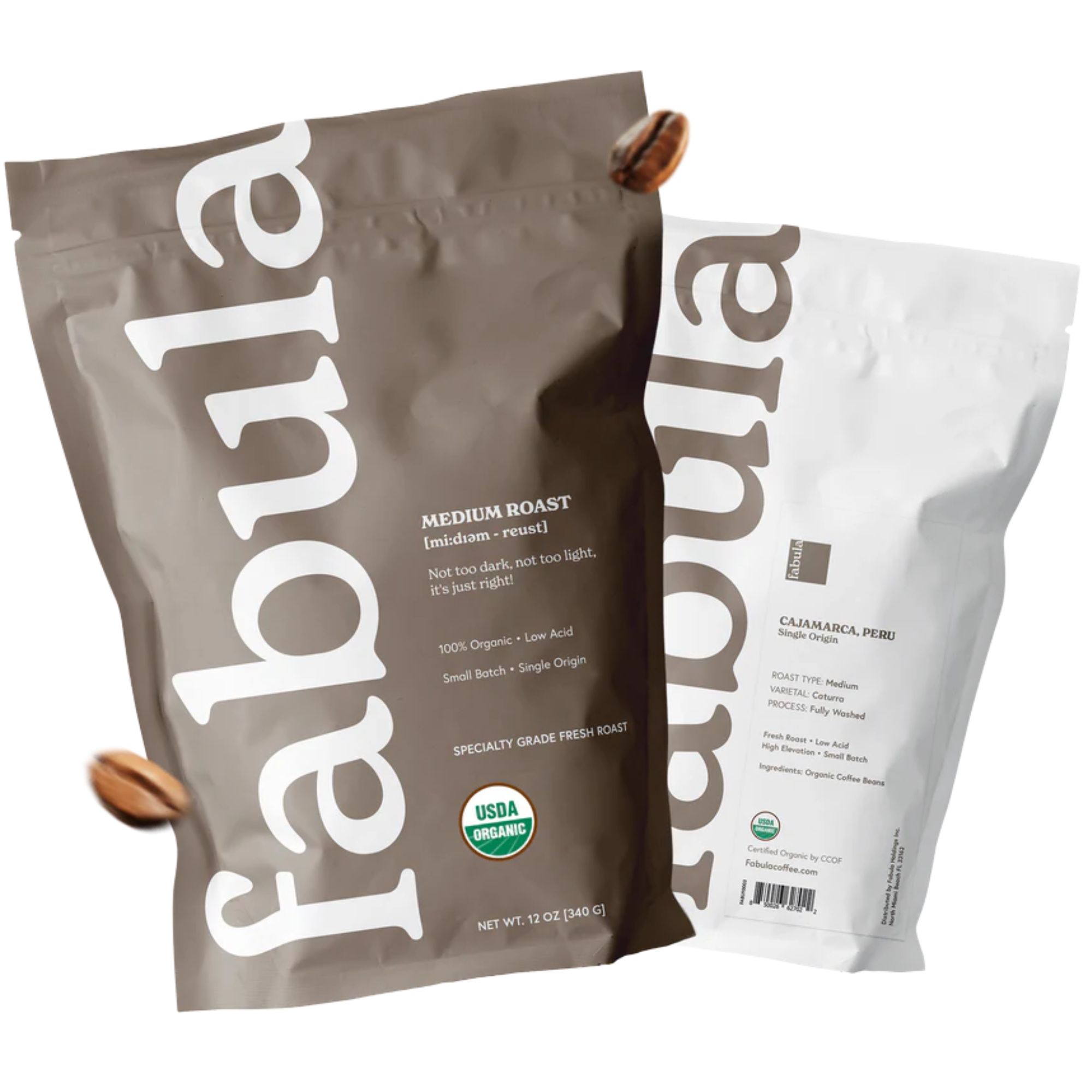 Two 'fabula' coffee packages on a white background
