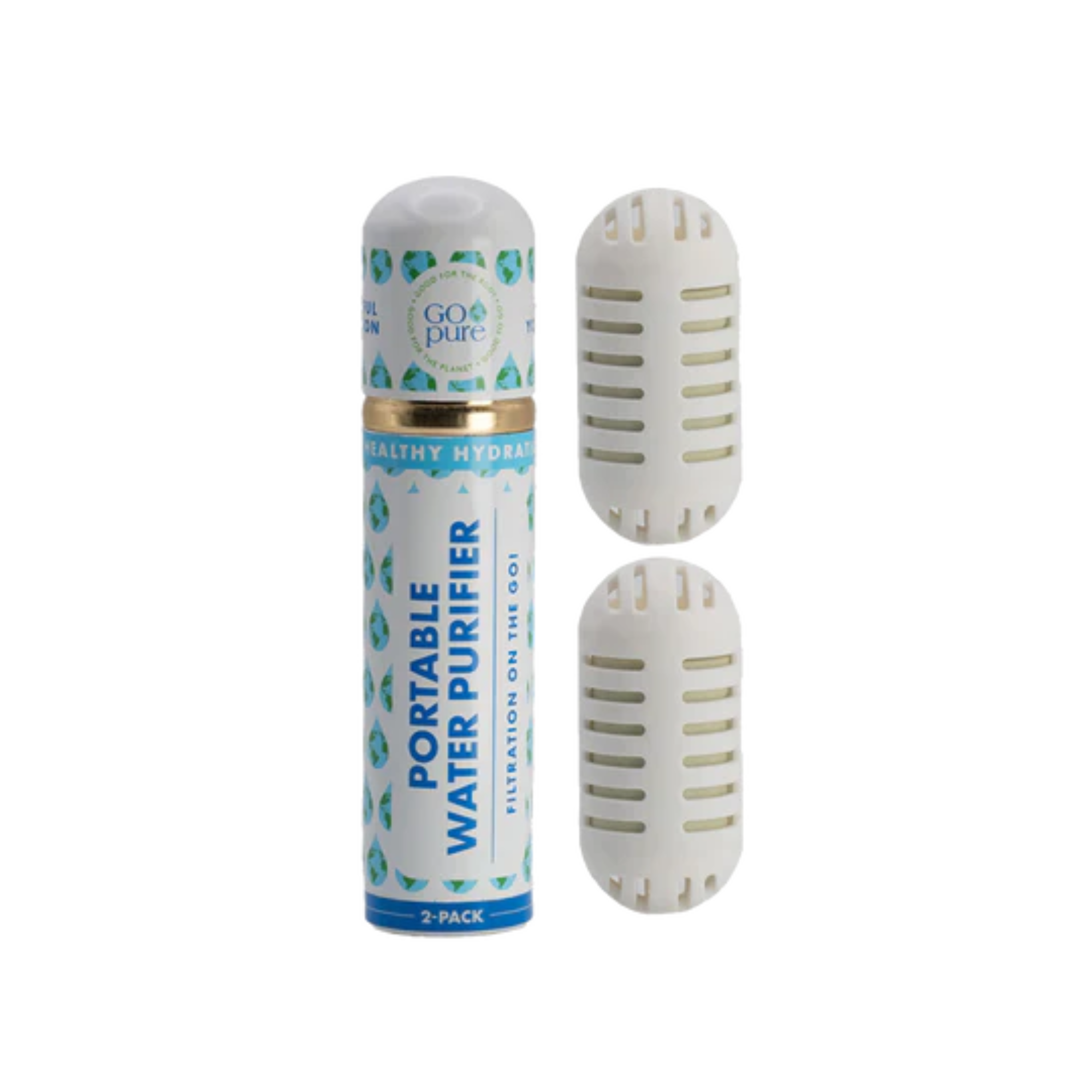 Portable water purifier in a tube with two replacement filters, designed for on-the-go hydration.