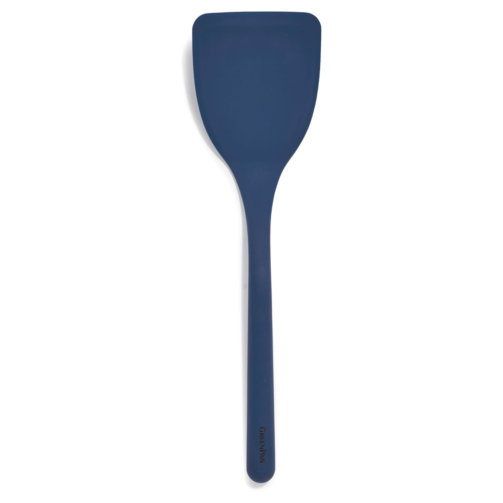 Navy blue silicone spatula with a wide, flat head and a long handle, labeled "GREENPAN."