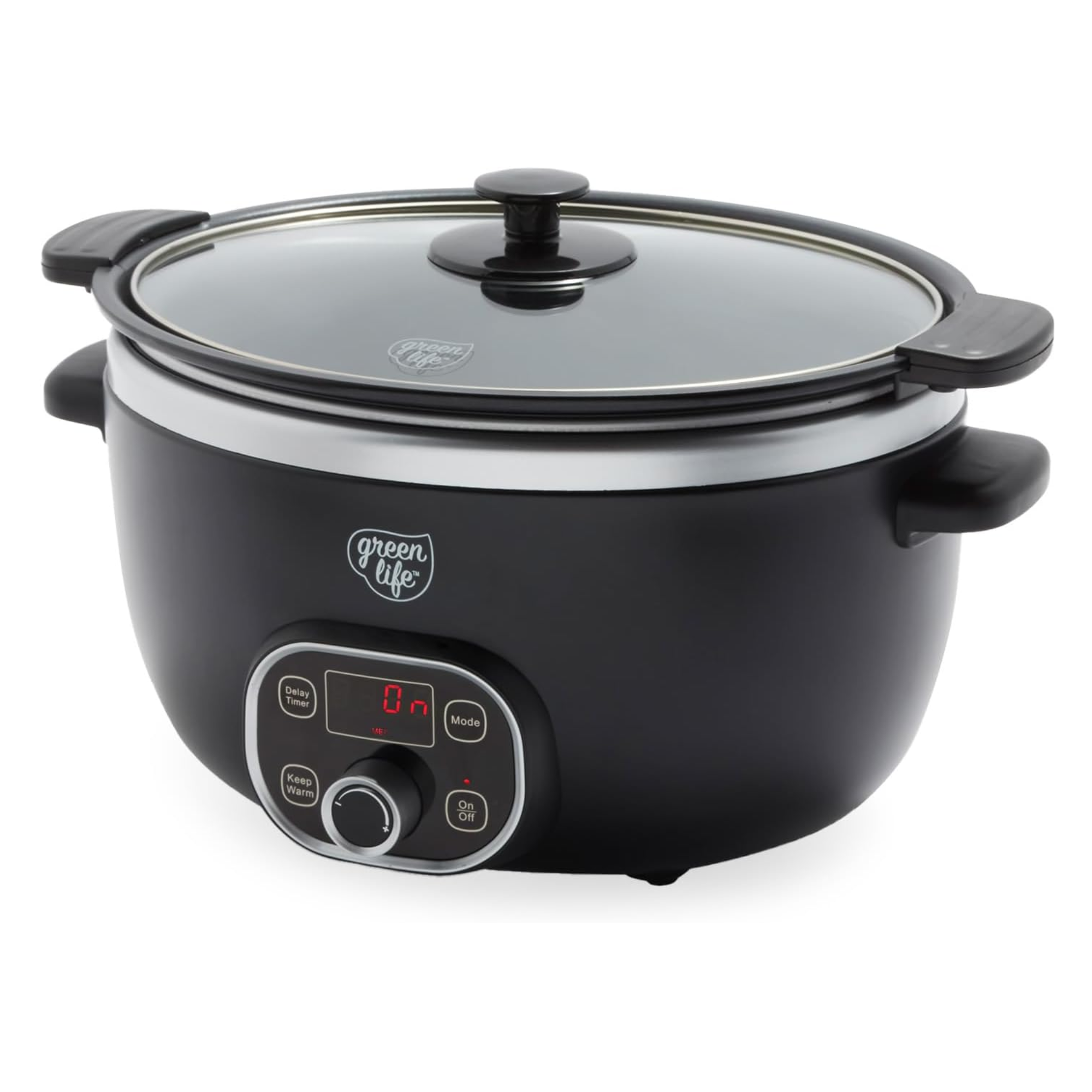 Black ceramic slow cooker with a glass lid and digital control panel featuring buttons for timer and temperature settings.