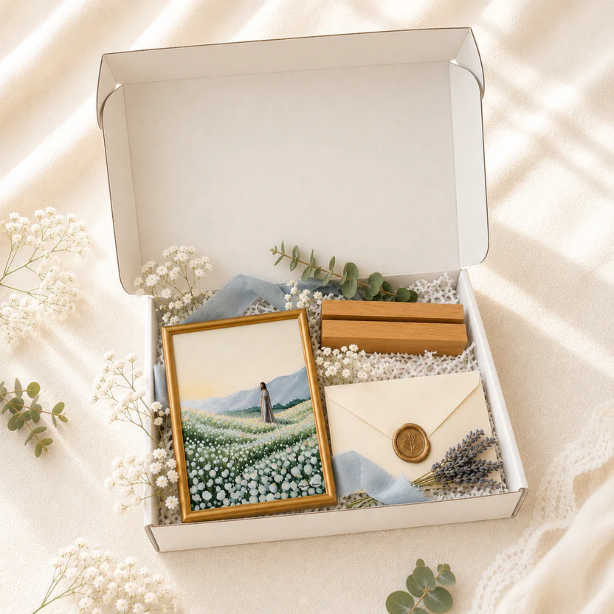 Gift box with scenic picture, envelope, and small wooden box on a soft fabric background