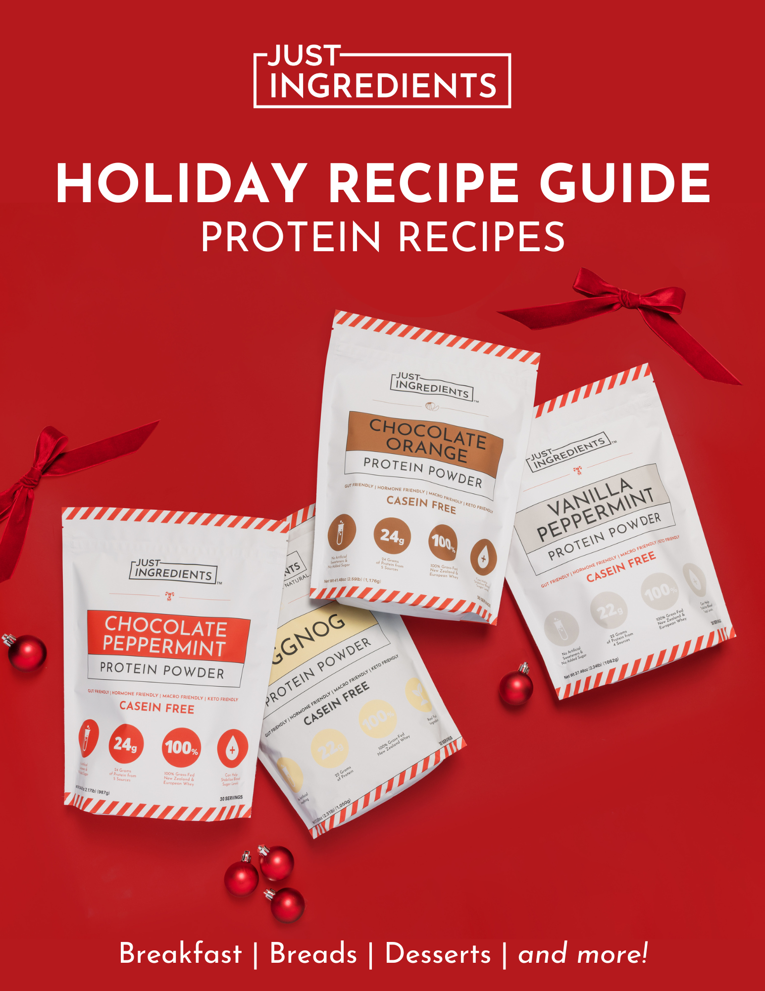 Four protein powder bags displayed on a red background, featuring flavors: Chocolate Peppermint, Chocolate Orange, Eggnog, an