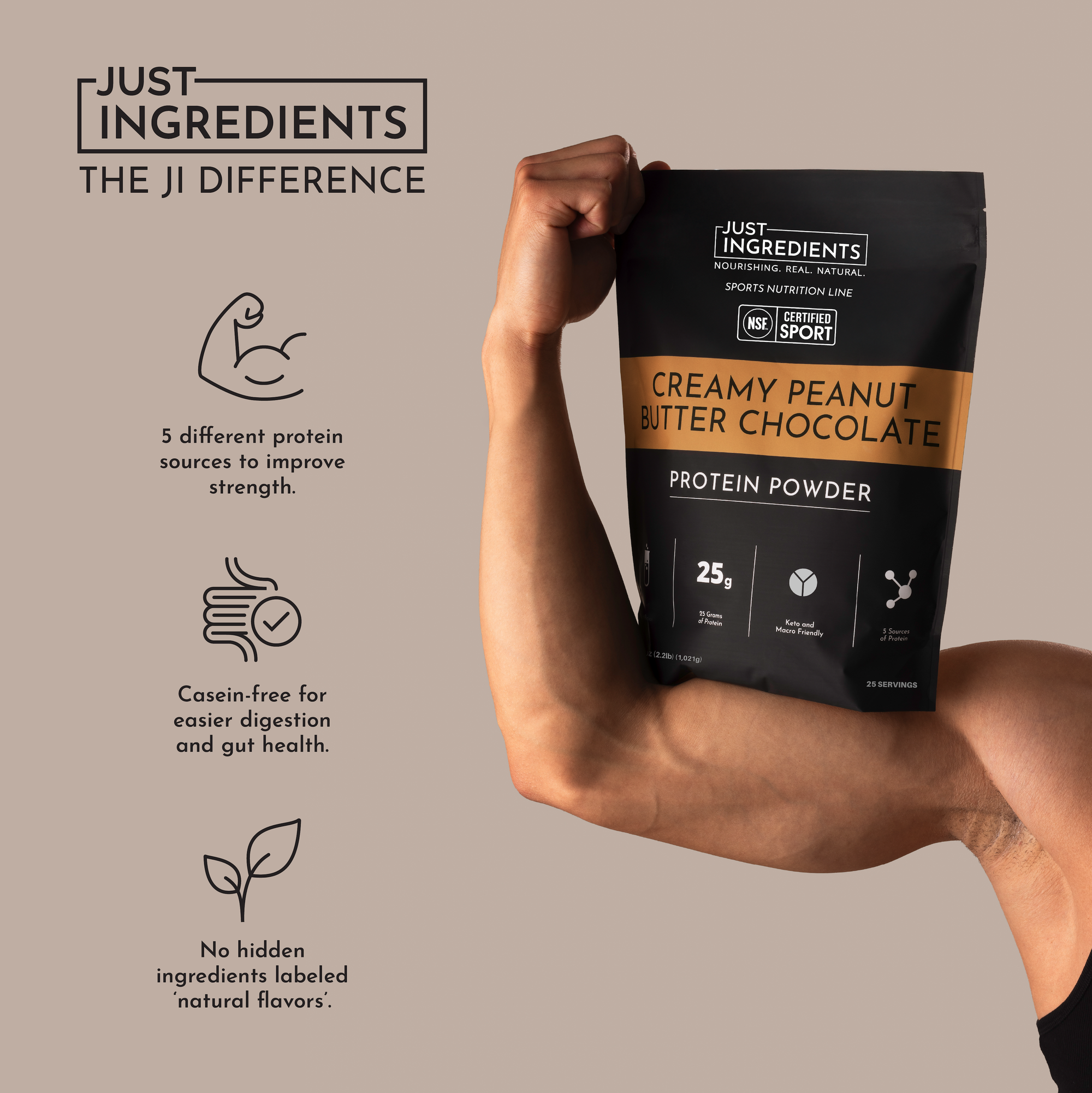 Black protein powder bag labeled "Creamy Peanut Butter Chocolate" held by a muscular arm, featuring nutritional details.