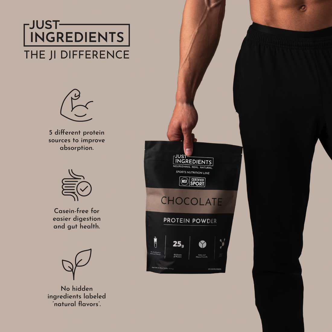 Person holding a bag of Chocolate Protein Powder with visible branding and nutrition panel.