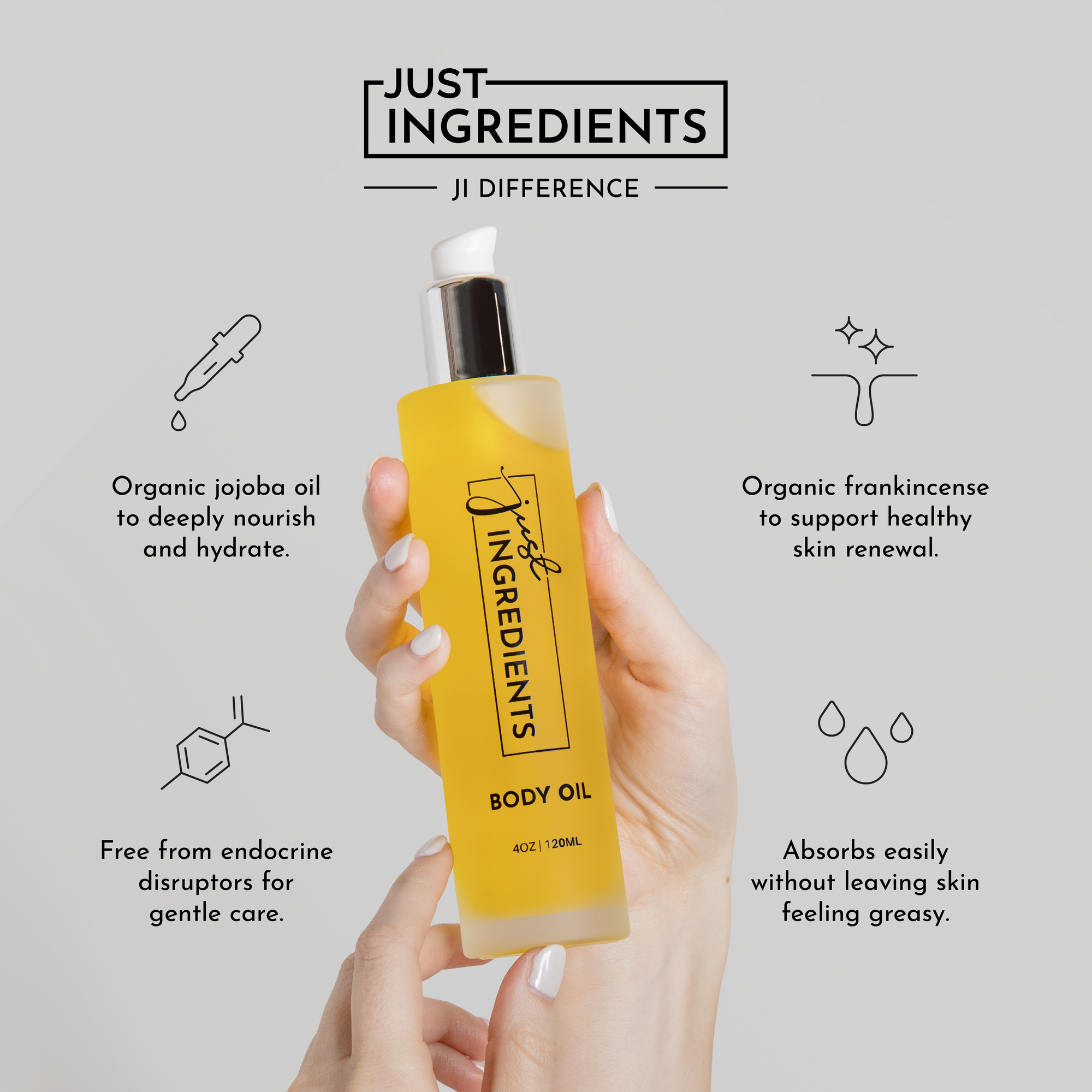 Clear glass bottle of body oil with a yellow liquid, held in a hand, featuring a pump top and labeled "Just Ingredients."
