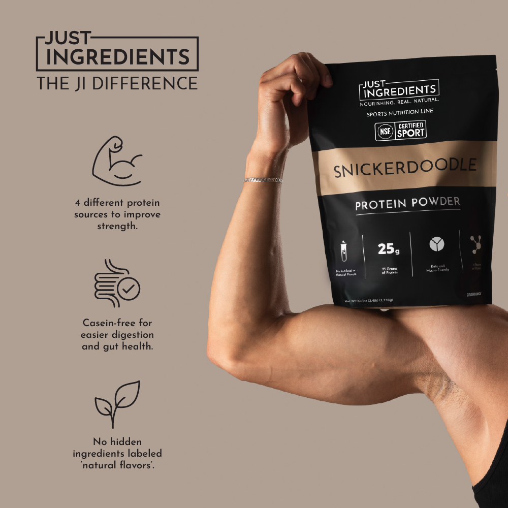Black protein powder bag labeled "Snickerdoodle Protein Powder" held by a muscular arm, with text highlighting product featur