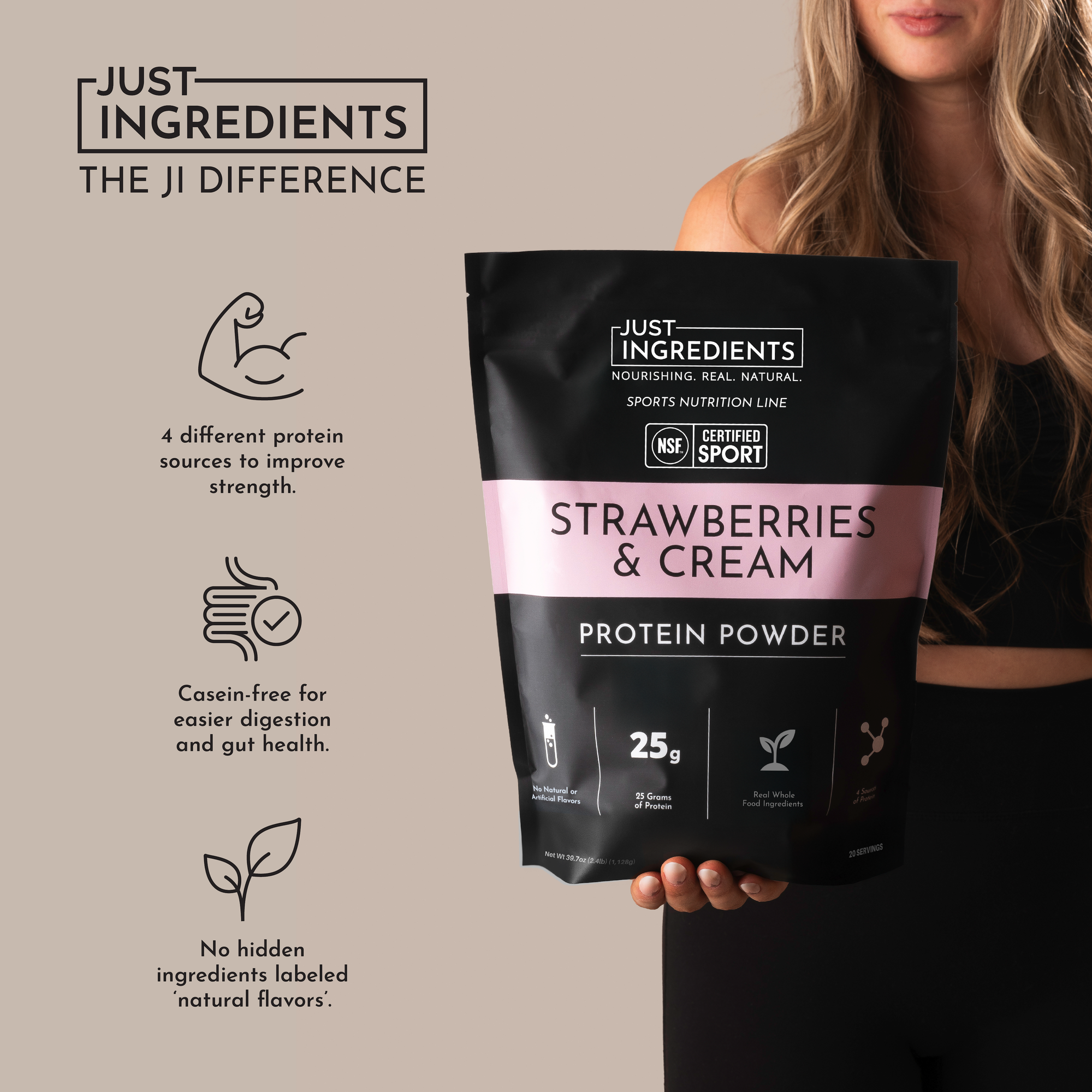 Black pouch of "Strawberries &amp; Cream Protein Powder" held by a person, featuring product details and nutritional information.