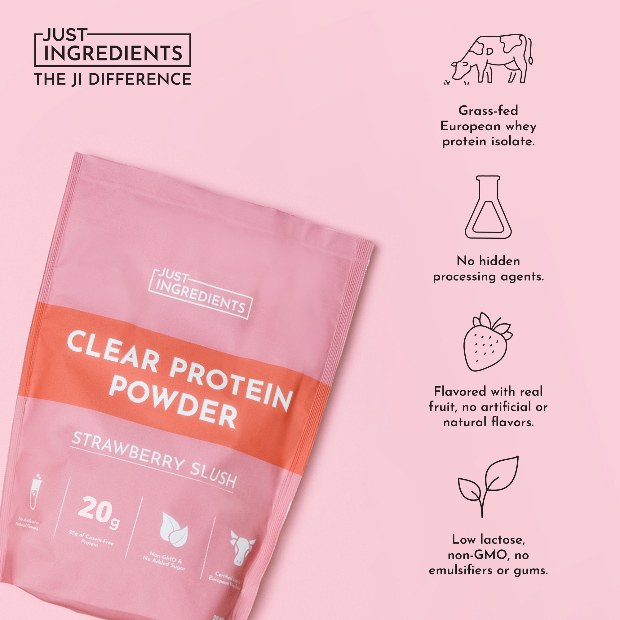 Pink packaging of "Clear Protein Powder" labeled "Strawberry Slush" with nutritional information and ingredient details.