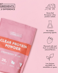 Pink packaging of "Clear Protein Powder" labeled "Strawberry Slush" with nutritional information and ingredient details.