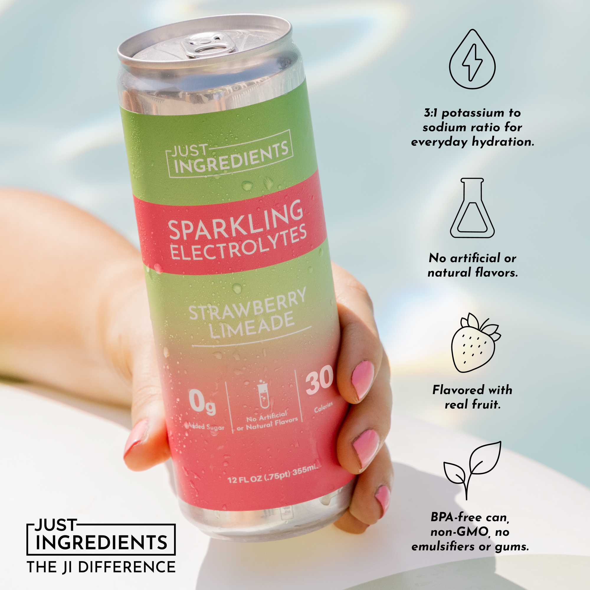 Can of Strawberry Limeade Sparkling Electrolytes held in a hand, featuring a colorful label with product details.