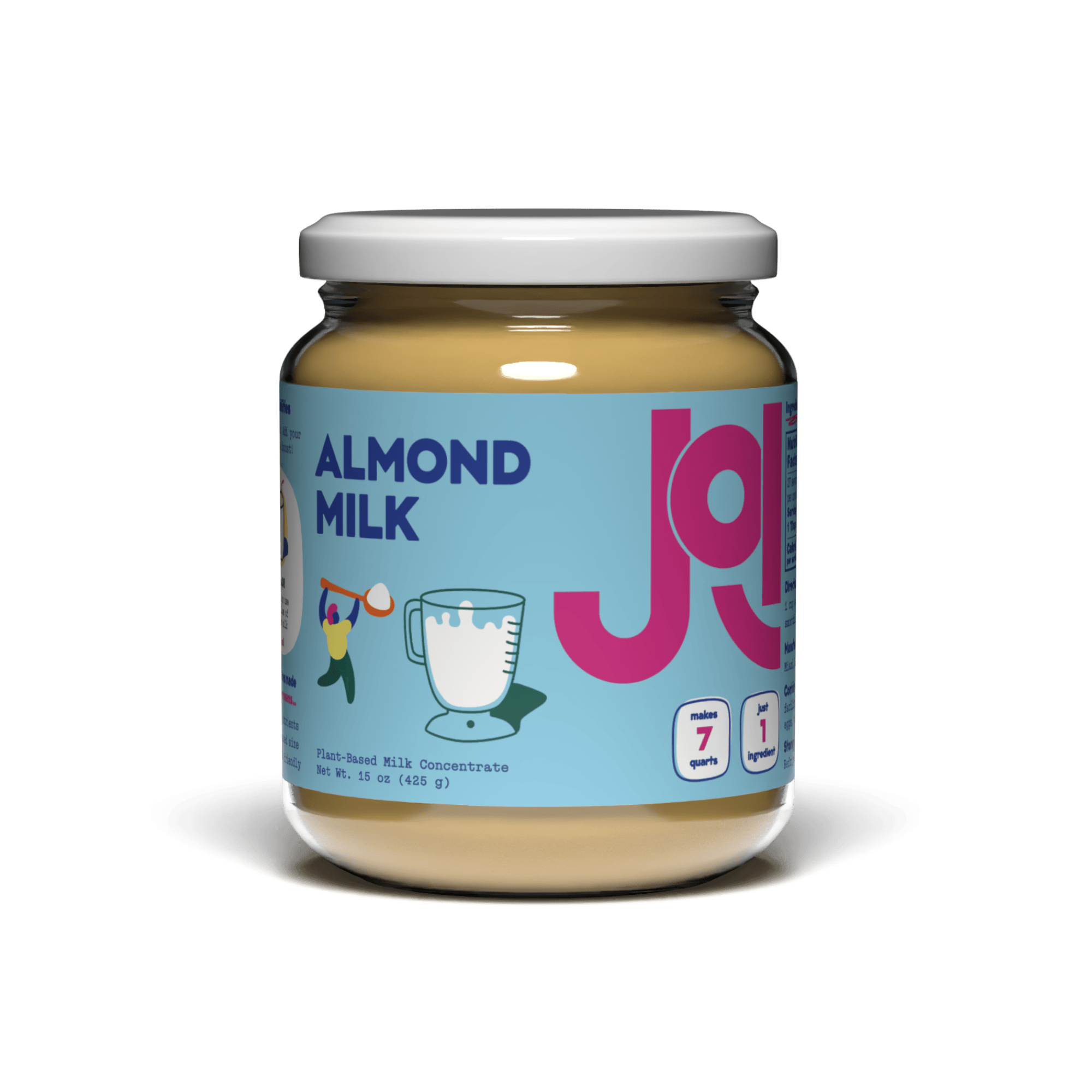 Glass jar of almond milk concentrate with a colorful label, showing a measuring cup and the text "ALMOND MILK."