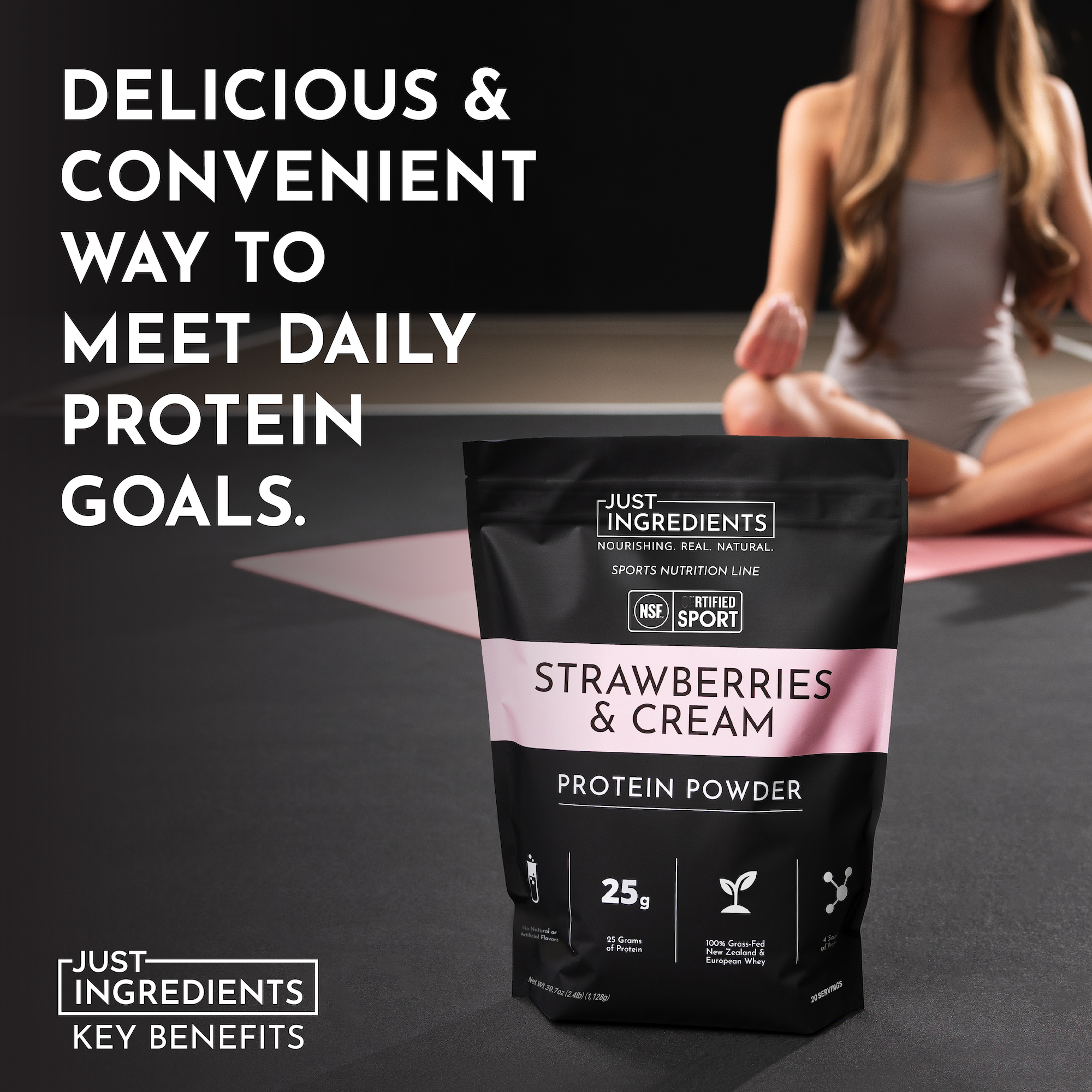 Black pouch of strawberries and cream protein powder with nutritional information, placed on a yoga mat.
