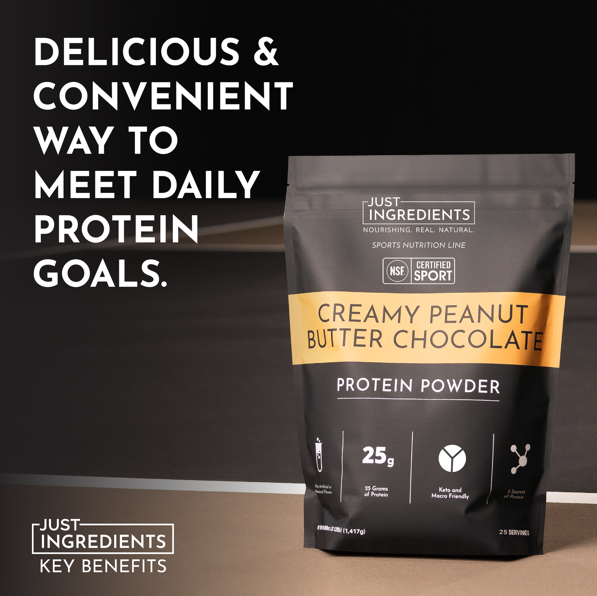 Black and gold bag of creamy peanut butter chocolate protein powder with nutritional information and branding details.