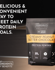 Black and gold bag of creamy peanut butter chocolate protein powder with nutritional information and branding details.